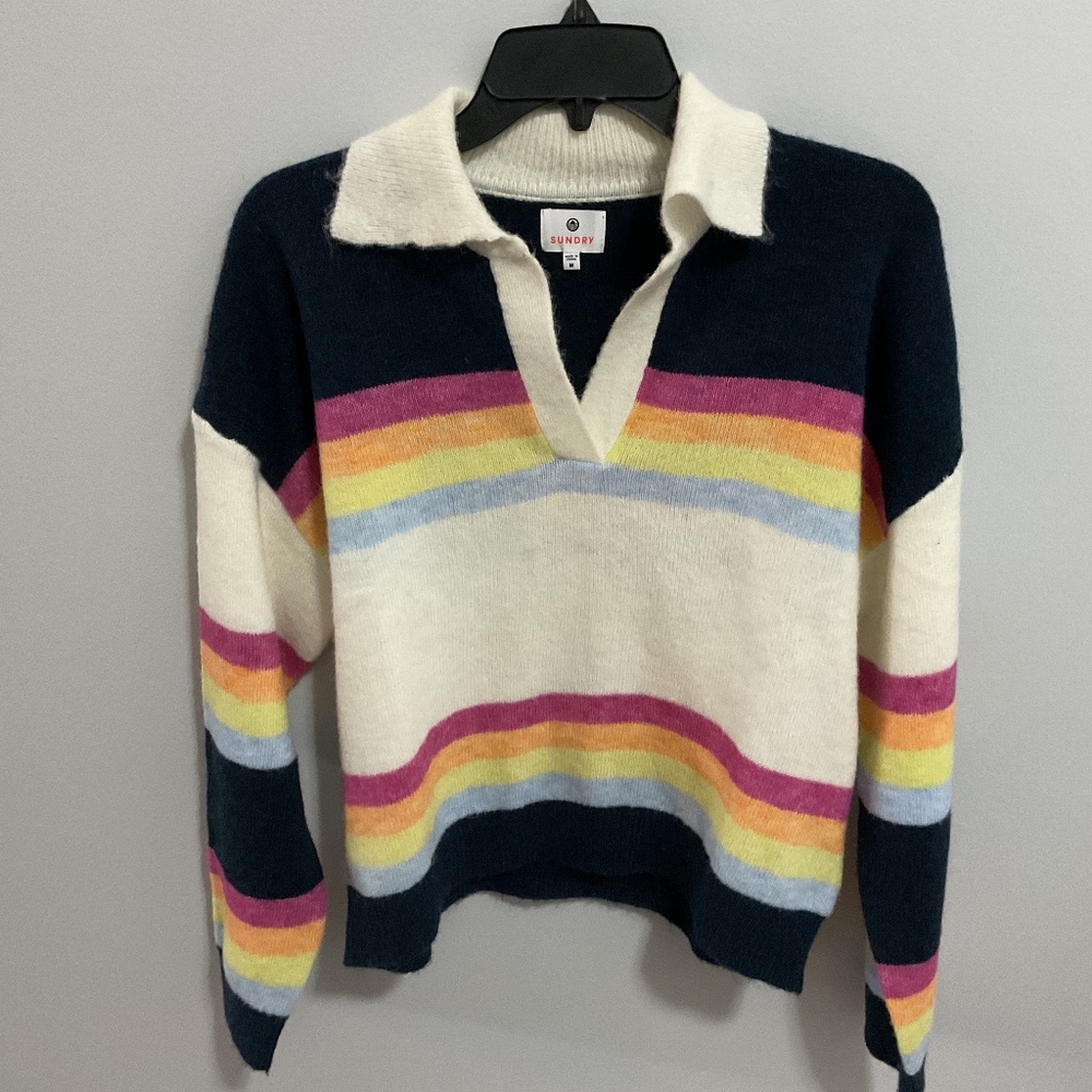 Sundry Navy Cream Rainbow Stripe Collared Sweater